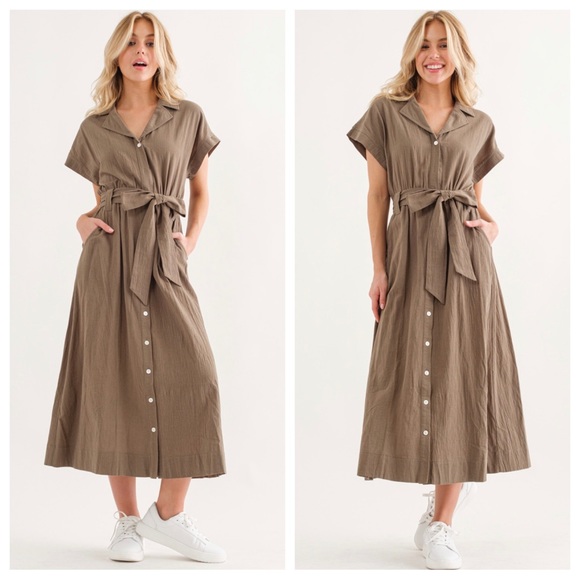 02 Boho Solid Linen Self Tie Waist Long Dress - Picture 3 of 4